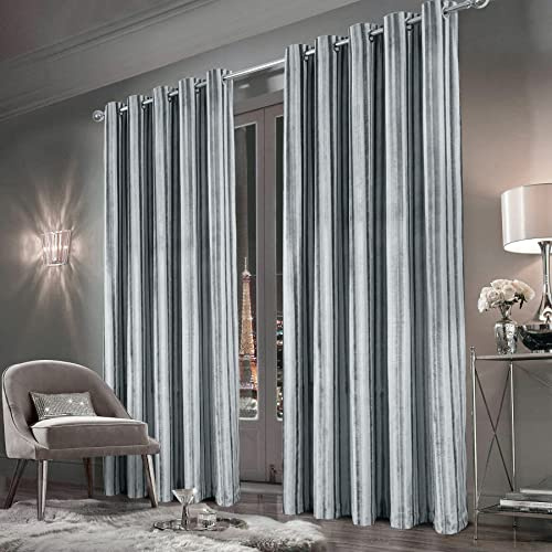 always4u Vorhang, 100 % blickdicht, Samtvorhänge mit langen Streifen, doppelte thermische Vorhänge mit Ösen, Vorhang für Wohnzimmer, Schlafzimmer, Küche, elegant, silberfarben, 140 x 260 cm, 2 Stück