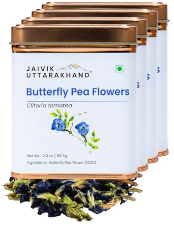 Jaivik Uttarakhand - Dried Blue Pea Flower Herbal Tea (08 oz/226.8 g) – Natural Shankhpushpi Dried Flowers, Vegan, Non-GMO, Color Changing Drink, Pack of 4 Tin Can