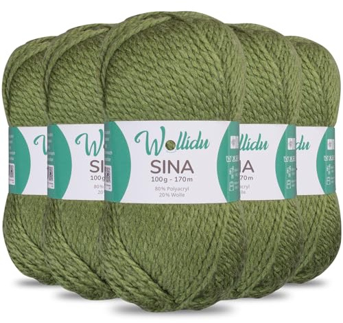 Wollidu Sina Wolle zum Stricken und Häkeln 500g Premium Strickwolle/Häkelwolle Set OEKO-TEX zertifiziert 5 x 100g/170m 80% Polyacryl 20% Schafwolle mulesing-frei - Grün