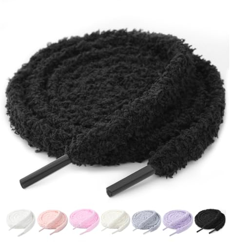 Stepace Lacets fluffy 10mm pour baskets, lacets chaussures plats en peluche, lacets larges moumoute Noir 120cm