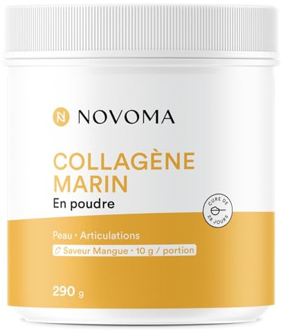 Collagene Marin Poudre Type 1 et 3 - Goût Mangue, Pot 290 g - 1 Mois | Avec Vitamine C - Peptides de Collagène Hydrolysé Naticol® - 10 g par Jour - Fabriqué en France - NOVOMA