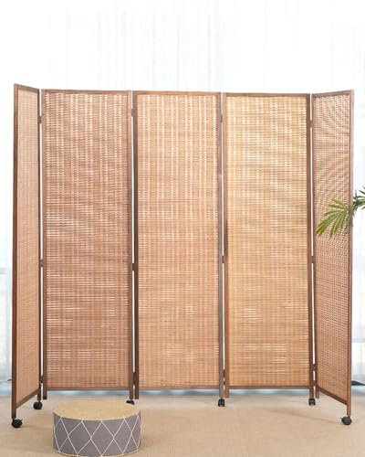 5 Panel Bamboo Room Divider Screen, Beige Folding Privacy Screens on Wheels, Wall Separation Dividers Freestanding, Easy to Move/Store(50x180cm(19 3/4x70 7/8))