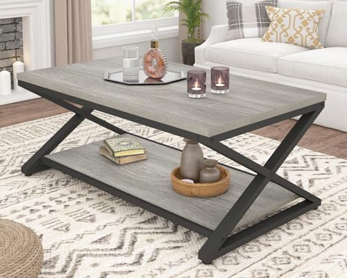 HSH Rustic Grey Coffee Table, Modern Minimalist Living Room Table with Storage Shelf, Industrial Simple Metal Wooden Center Table, 2 Tier Rectangle Cocktail Tea Table for Home Office Bedroom, 39 Inch