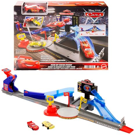 Mattel CARS - Mega Rampa Piston Cup, set con pista a due modalità, Saetta McQueen che fa la linguaccia e auto distrutta incluse, giocattolo per bambini, 4+ anni, JHL42