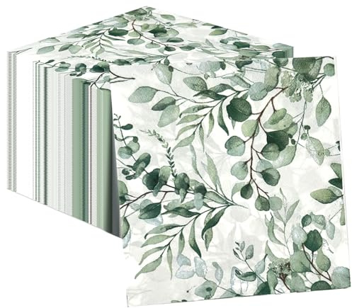 GOTRUST 100PCS Servietten Eukalyptus, 2-Lagig Servietten Hochzeit Grün Weiß, Tischdeko Papierservietten Eukalyptus für Kommunion Taufe Geburtstage Partys Babyparty Garten