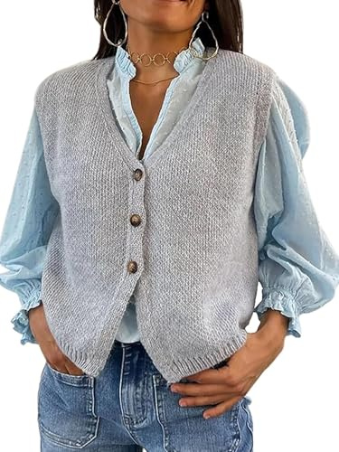 Ärmelloser Damen-Pullover, Strick, V-Ausschnitt, Knopf, lässig, lockere Weste, Cardigan, Weste, modischer Pullover, Tank-Top, A-grau, M