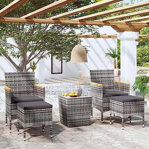 Homgoday Bistro-Set für den Garten, 5-teilig, Polyrattan und gehärtetes Glas, grau, Dekoration für Gartenmöbel, Tisch und Stühle für den Außenbereich, Set Modell 3058375