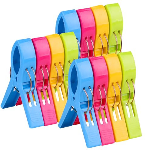 SULOLI 12 Pezzi Mollette Grandi Plastica,Mollette da Bucato in 4 Colori,Mollette Antivento Pioli per Telo Mare,Lenzuola, Vestiti