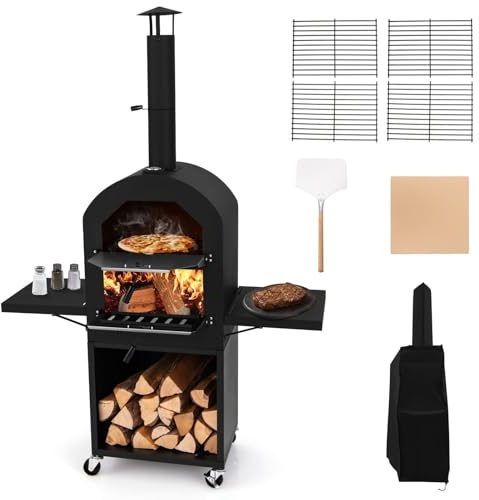 HAPPYGRILL Outdoor Wood Fired Pizza Oven with Firewood Storage, Side Shelves, Patio Pizza Maker with Pizza Stone & Peel, 2 Cooking Grills & Thermometer, Portable Pizza Stove with Wheels