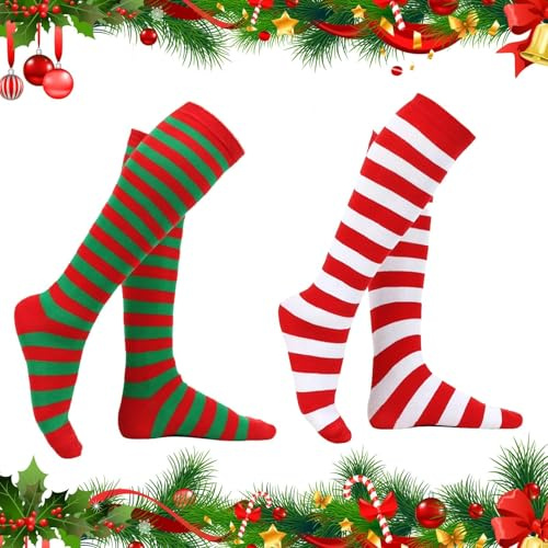 Lot de 2 Paires Chaussettes de Noël à Rayures, Chaussette Haute Noel D'hiver Douces à Rayures Chaussettes Lutin Collant Rayé Rouge Blanc Costume de Noël Vacances Cosplay Cadeau D'anniversaire