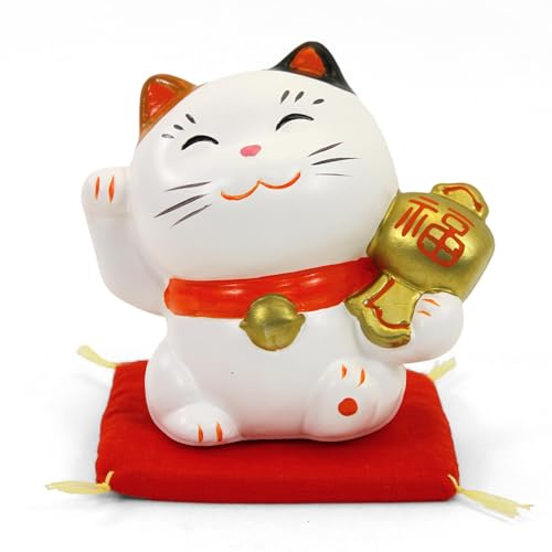 Art Saigon Maneki Neko Japonais, Chat Porte-Bonheur Patte Levé, Lucky Cat, Fabriqué au Japon - Statuette Ceramique Blanc, Chance, Prospérité, Richesse, Santé (H7,5cm)(S49-7171)