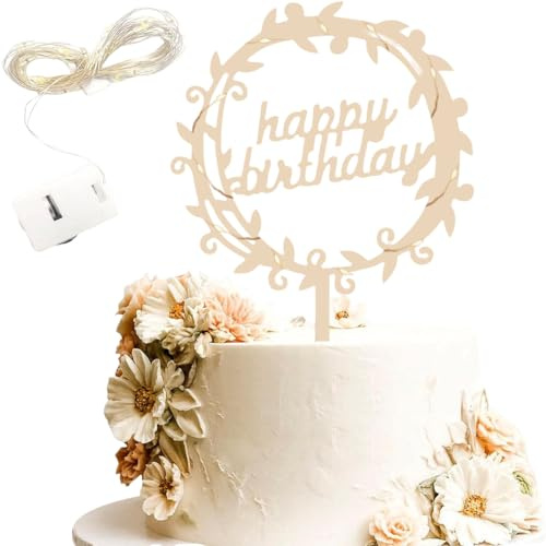 ZOMKIFA Décoration de gâteau en bois « Happy Birthday » avec guirlande lumineuse, 2 pièces, Blanc, Pour anniversaire