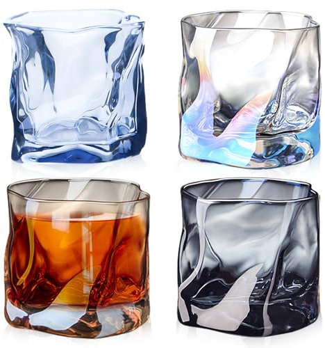 Whiskey Gläser 4er Set, Gekippten Falten Glass 200ml, Stiellose Kleine Saftgläser, Irregular Gläsers für Männer Geburtstag Vatertag Jahrestag, 4 Farben Irregular Gläser