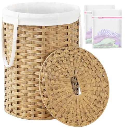 SETVSON Laundry Hamper with Lid Laundry Basket with Lid 19.0 Gal (72 L) Round Wicker Laundry Basket Handwoven Rattan Hamper Removable Bag 2 Mesh Bags Handles for Living Room Bathroom Natural