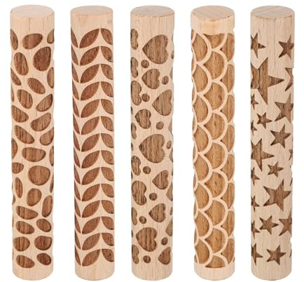 QUARKZMAN 5 Stück Holz Tonroller 4 Sternmuster Nudelholz Holzroller Töpferwerkzeuge Holzmaserung Texturroller für Ton Backen Teig Kneten DIY