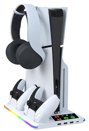 Vertikaler Standfuß für PS5/PS5 Slim - Ständer für PlayStation 5 mit 3 Stufig Kühler Lüfter / PS5 Controller Ladestation / Kopfhörerhaken / RGB Licht, Ständer für PS5/PS5 Slim Disc & Digital Edition