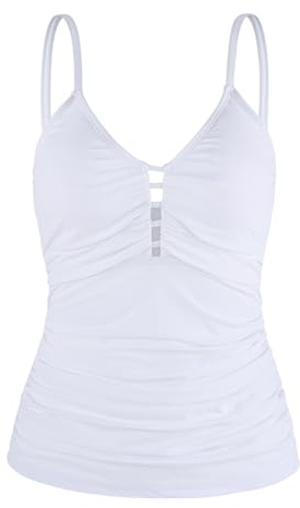 Ocean Blues Women's White Retro Vneck Tankini Swimsuit Ruched Tummy Control Tankini Top Only Size X-Large