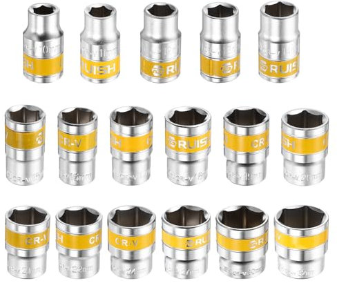 HARFINGTON 17 Stück 1/2-Zoll-Antrieb, 6-Punkt-Stecknuss, 10–32 mm, metrisch, flach, CR-V-Stahl, Klapp-Stecknuss, Spindel, Achsmutter, Schlag-Stecknuss für Zuhause, Auto, Sechskantmuttern, Schrauben