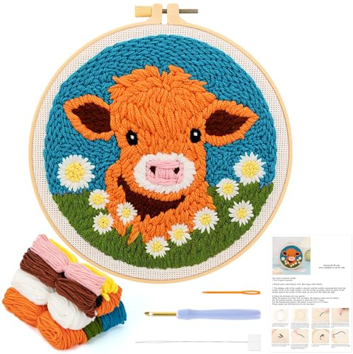 JSRQT Niedliche Stanznadel Stickerei Starter Kit,Cartoon-Kuh Punch Needle Stickerei Set für Anfänger Erwachsene Kinder,DIY Handarbeit Embroidery Kits