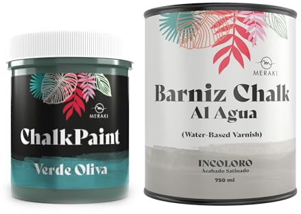 Meraki CHALK PAINT Pintura efecto tiza al agua mate (500ML) (V. OLIVA + BARNIZ SATINADO)