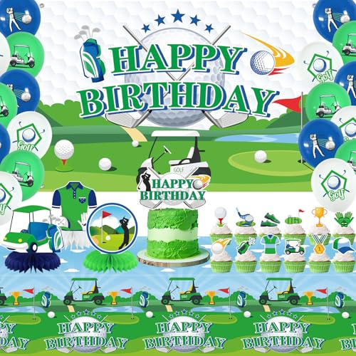 Obussgar Golf Birthday Party Decorations - Golf Party Supplies including Happy Birthday Backdrop, Spirals, Cake Toppers, Table Centerpieces, Balloons (BJ)