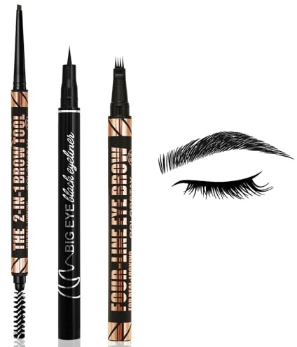 Boobeen Kit de maquillage des sourcils, stylo à sourcils à 4 pointes, crayon à sourcils avec pinceau, eye-liner liquide imperméable, résistant aux bavures et de longue durée, 3 pièces