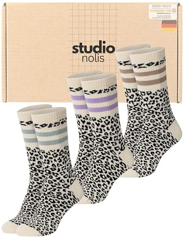 Studio Nolis Tennissocken Leo - 3er Set - Socken Damen Leo Print - Crew Socks Streifen - Leopardenmuster - Oekotex 100 Baumwolle (39-42, All Leo Soft)