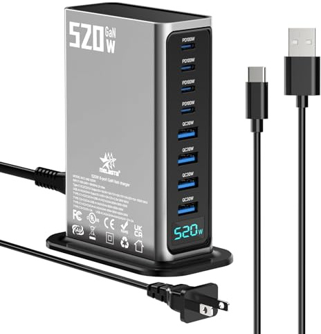 melasta 520W Chargeur USB C Multiple, 8 Ports GaN Chargeur Rapide, avec 4 USB C PD 100W Multiple Station de Charge et 4 USB A QC 30W Station de Charge pour Laptop, iPhone, iPad, Écouteurs Etc