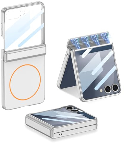 COQUE Étui pour Galaxy Z Flip 7, intégrale à charnière magnétique avec Film, étui Pliable à Chargement sans Fil pour Samsung Galaxy Z Flip 7 5G-Argent