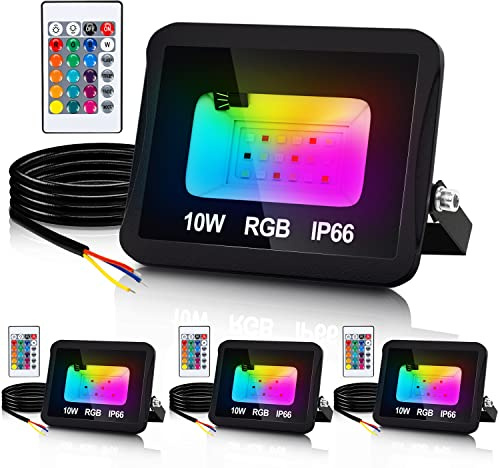 Jaxguom RGB LED Strahler Außen 4er 10W mit Fernbedienung, RGB Fluter LED Dimmbar Gartenstrahler, 16 Farben 4 Modi IP66 Wasserdicht, Memoryfunktion für Party Außen