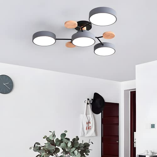 RuuXanthous Plafonnier Semi-encastré Moderne Circulaire en Acrylique à 4 têtes LED, luminaire Nordique Gris avec décoration en Bois pour Salon, Salle à Manger, Chambre à Coucher