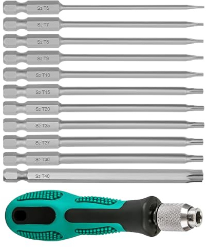 BEASAFY 12 Pièces Tournevis Torx, 100 mm Embout Visseuse Long avec Poignée, T6-T40 Acier S2 Magnétiques Embouts Torx Jeu de Tournevis, 1/4 Tige Hexagonale Tournevis Etoile avec Trou