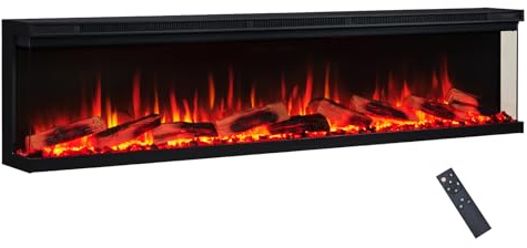 FLAMEKO 70 Wall Mounted Electric Fireplace, Premium Logs, Leura, Black | With 900W-1.8kW Heater, 8 Colour LED Flame Effect, 3-Sided Panoramic View, Remote Control, Premium Logs & Crystals Included