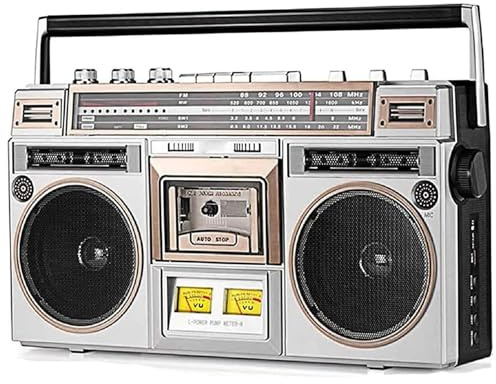 Boombox retro de los años 80, reproductor de CD y casete con Bluetooth, radio DAB+ y FM, grabación USB y grabadora de casete, reproductor de música portátil de estilo vintage para familia y viajes