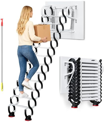 12-Steps Wall-Mounted Attic Ladder kit with Handrails, 3.1m Folding Loft Staircase, Up to 882 lbsTelescopic Fold Ladder for Attics, Garages, Roofs, Basements