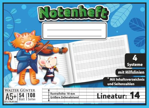 Notenheft mit Hilfslinien Lineatur 14 Größe A5+ Querformat für Kinder: 4 Große Notensysteme pro Seite (18 mm Rastralhöhe) | 21 x 15,24 cm - 54 Blatt ... für Komponisten, Schüler & Musikunterricht