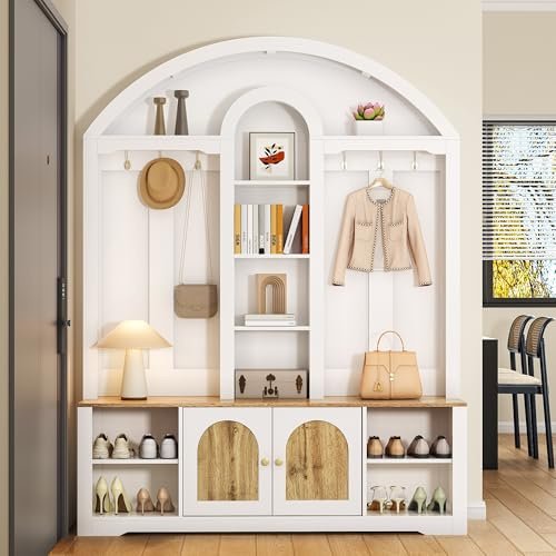 MOBETTRES Multifunktionaler Kleiderschrank/Eingangsbereichsschrank mit Schuhregal, Ablagen und Haken .Garderobenschrank– eine Garderobe aus robustem MDF mit modernem Design (Weiß)