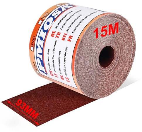PMIQSA Rollo de Papel de Lija 93mm x 15m Grano 180 | Papel De Lija De óXido De Aluminio Para Lijar Pulir Y Eliminar El óXido Para Lijadora Manual
