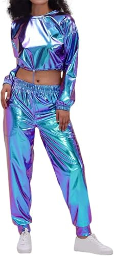 SKFLABOOF Jogginganzug Damen Set 80er 90er Jahre Outfit Langarm Kapuzen Glitzer Metallic Crop Top+Jogginghose 2tlg Trainingsanzug Clubwear