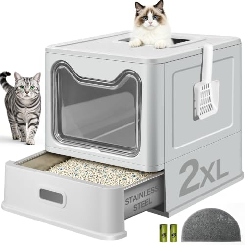 XXL Stainless Steel Cat Litter Box, Front Entry Top Exit, for Big Cats | Scratch-resistant, Anti-Leakage, Non-Stick, Easy Clean, Drawer Design, Most Cats, Includes Litter Mat Scoop Trash Bag