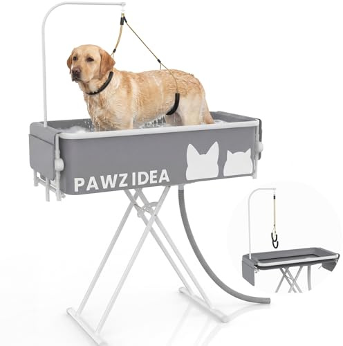 PAWZIDEA 2-in-1 Dog Bath Tub & Grooming Table 110cm for Medium to Large Dog | 5 Height Adjustable Elevated Pet Bathtub & Foldable Dog Washing Station for Dogs/Cats, up 68kg, Storage Pocket Indoor Outdoor