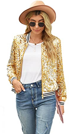 JellyLe Damen Pailletten Jacke mit Glitzer, Lange Ärmel Bomber Jacke mit Streifen, Party Oberteil für Herbst Winter Frühling