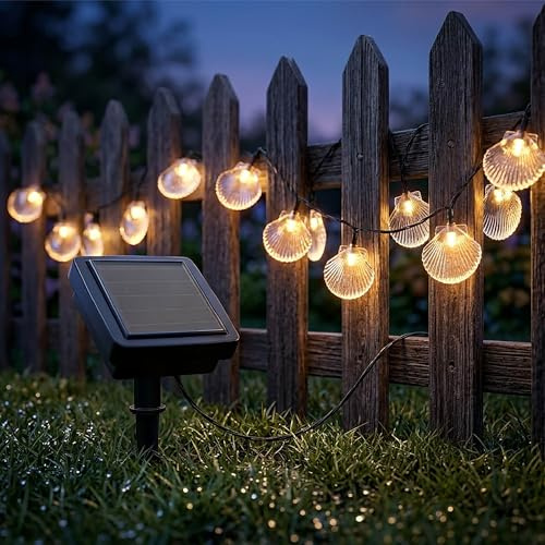 IlGruppone Ghirlanda Luminosa Solare LED 5,8 m con 20 Conchiglie Decorative, Luce Calda, IP65 Impermeabile, Pannello Solare con Picchetto, Luci da Esterno per Giardino Terrazzo Balcone