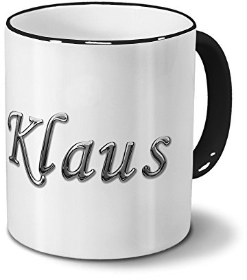 printplanet Tasse mit Namen Klaus - Motiv Chrom-Schriftzug - Namenstasse, Kaffeebecher, Mug, Becher, Kaffeetasse - Farbe Schwarz