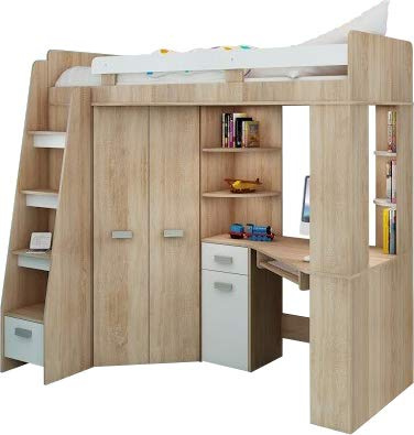 FurnitureByJDM Hochbett mit Schreibtisch, Schrank und Regalen | Komplettes Möbelset (120x204 cm) - Kinderbett 80x200 cm mit Stauraum - Treppe Linken Seite (Eiche Sonoma/Weiß)