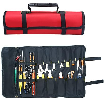 Maso Tragbare Werkzeugtasche mit 22 Taschen aus 600D Oxford-Stoff, große Tragetasche, einfache Aufbewahrung, tragbar, ideal für Heimwerker, Reparaturen, Rot