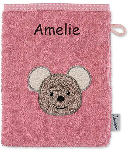 Sterntaler Kinder/Baby Waschhandschuh bestickt mit Namen, Mabel Waschlappen personalisiert zur Geburt, Taufe oder als Geschenk zum Geburtstag, Mädchen, Maus Rosa