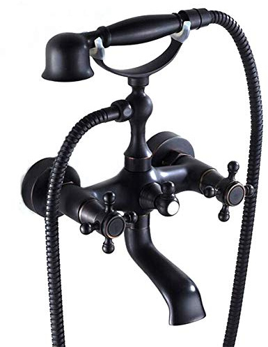 Badewannenarmatur Mit Handbrause - Wannenarmatur, Inkl Brausehalter Und 1,5M Duschschlauch, Stilvolle Schwarz Badewanne Wasserhahn - Dusche Set, Zweigriff -Wannenbatterie, Messing, Retro-Stil