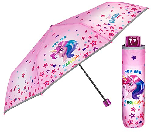 PERLETTI enhörning barn paraply flicka – rosa enhörning fickparaply miniparaply barnparaply 7+ år – paraply litet vindsäkert med reflekterande kant – diameter 91 cm, Färgglada stjärnor, Dirchmesser 91