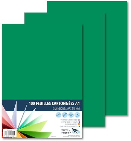 Raylu Paper – Papier Cartonné A4 Coloré, 100 Feuilles Cartonnées, Papier Epais de Couleur, pour l’Ecole, le Bureau, le Scrapbooking, les Activités Manuelles, 180g/m², 210 x 297 mm (Vert Pin)